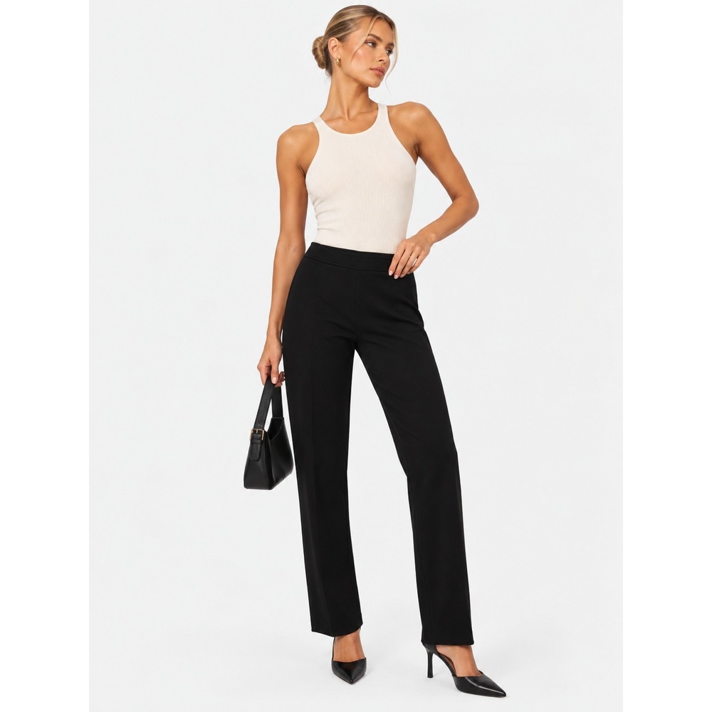 St. John Black Knit Straight Leg Classic Pants Side Zip 8 M Slit Hem